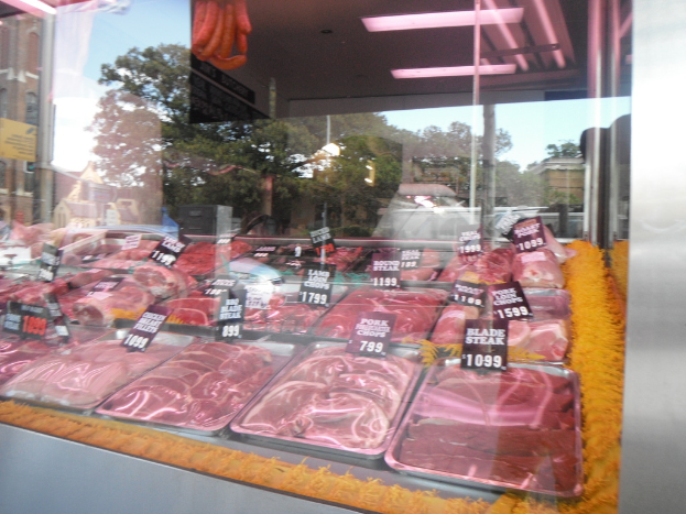 Eine Glasvitrine in einem Fleischgeschäft mit Tabletts voller Fleisch und Preisschildern, mit Gebäuden und Bäumen im Hintergrund und einer Decke oben.