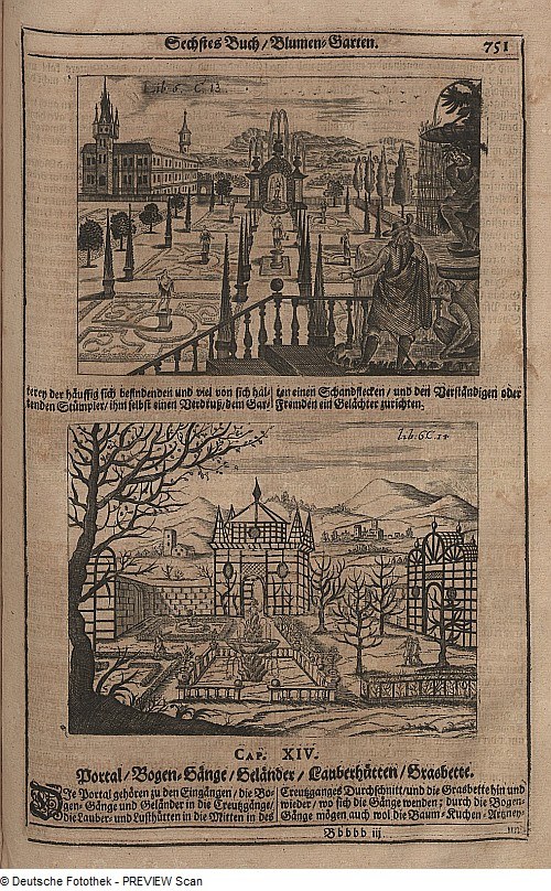 Offenes Buch mit einer detaillierten Stadtansicht auf der linken Seite und kleineren Bildern mit Text auf der rechten Seite.