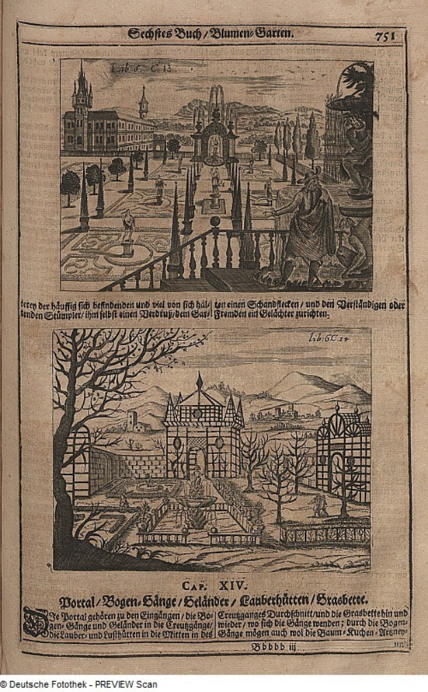 Offenes Buch mit einer detaillierten Stadtansicht auf der linken Seite und kleineren Bildern mit Text auf der rechten Seite.