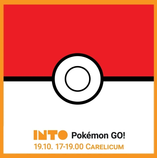 Ein Plakat mit 'In Pokemon Go Carelicum' in fetter weißer Schrift auf einem hellblauen Hintergrund, das eine rote Pokeball in der Mitte mit einer weißen Umrandung zeigt, umgeben von einem gelben und orangefarbenen Rand.