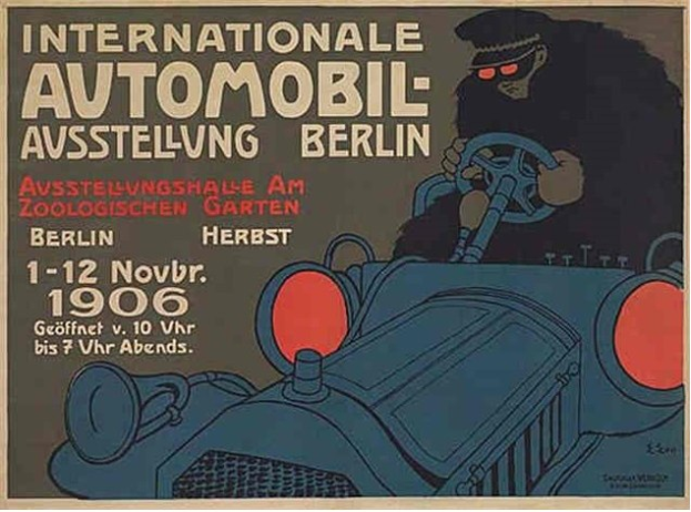 Plakat für eine internationale Automesse in Berlin mit einer Cartoon-Fahrerin in einem Auto mit Text.