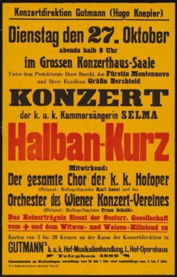 Gelbes Plakat in Berlin, Deutschland wirbt für ein Konzert mit dem Text "Konzert Halban-Kurz".