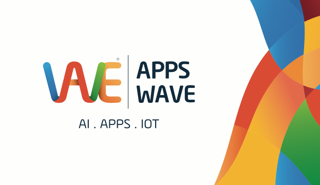 Ein buntes Design auf der rechten Seite mit den Wörtern "AI, Apps, IoT" darauf vor einem weißen Hintergrund.