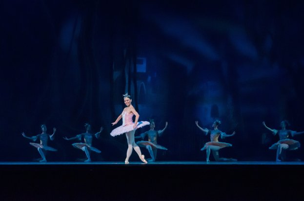Eine Ballerina in einem rosafarbenen Tutu und Spitzenschuhen tanzt anmutig auf der Bühne, umgeben von anderen ähnlich gekleideten Tänzern, mit einem dunklen Hintergrund, der eine dramatische Atmosphäre schafft.