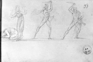 Drei Menschen in einer dynamischen Tanzpose, mit einem auf dem Boden liegenden und zwei stehenden, gezeichnet in realistischem Stil mit gedämpften Farben und Hinweisen auf Blau und Grün.