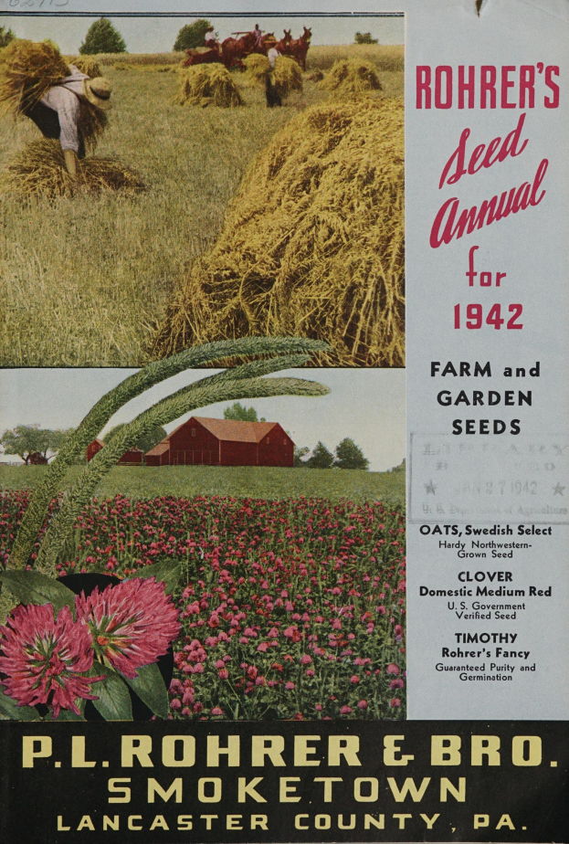 Ein Plakat für Rohrer's Saatgut-Jahrbuch 1942 mit einer bunten Auswahl an Blumen, Pflanzen, Gras, einer Person, einem Haus, Bäumen und einem klaren blauen Himmel, mit Texten, die Informationen über die Saatgutarten liefern.