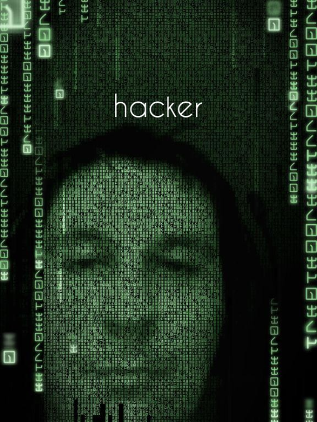 Das Gesicht einer Person auf einem Computermonitor mit dem Wort 'Hacker' und umgebender Binärcode.