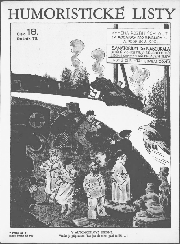 Ein Schwarz-Weiß-Cartoon von einer Gruppe von Menschen, die vor einem Zug stehen und nach oben schauen, mit dem Text "humoristische Liste 18" auf einem Blatt Papier.