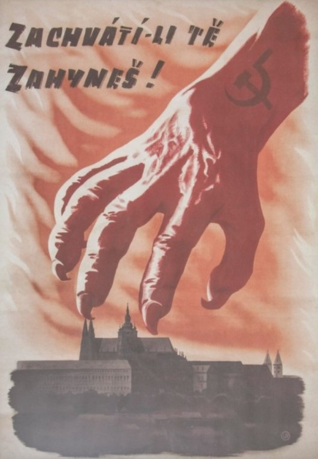 Eine Hand mit Hammer und Sichel erreicht ein Gebäude mit der Aufschrift "Zachvati-li te zanynes" oben, was eine dringliche und gefährliche Stimmung vermittelt.