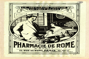 Eine alte Werbung für eine Apotheke in Rom, die einen Mann und eine Frau nebeneinander zeigt, mit Text, der die Apotheke und ihre Dienstleistungen beschreibt.