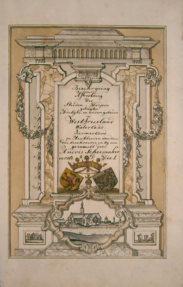 Altes Buch mit einer Zeichnung eines verzierten Gebäudes mit detaillierten Designs und Text.