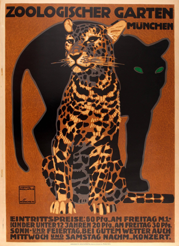 Ein Plakat wirbt für einen Zoo in München, Deutschland, mit einem Leoparden und einer Hauskatze und Textinformationen über den Zoo.
