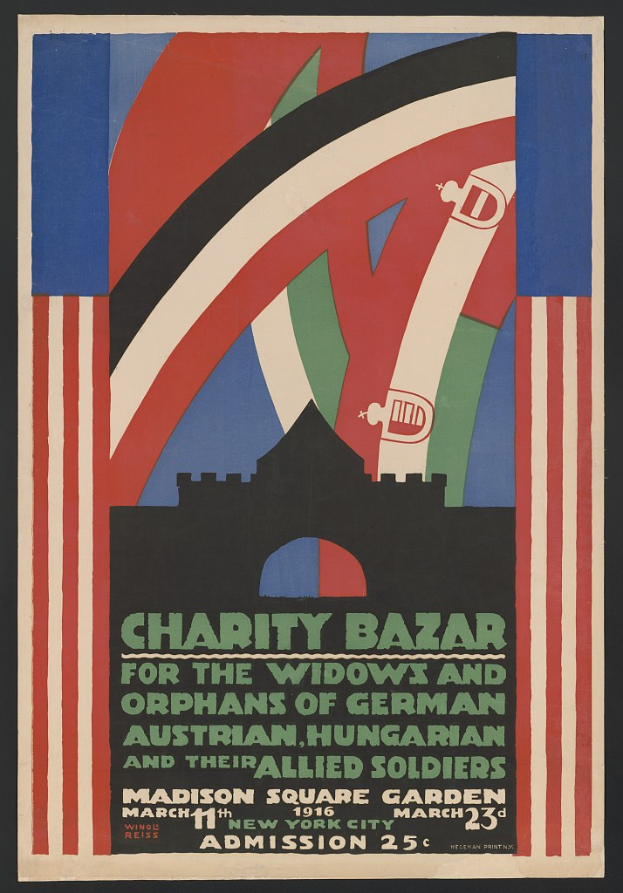 Ein Plakat für einen Wohltätigkeitsbasar, der die Witwen und Waisen von Soldaten verschiedener Nationen unterstützt, mit Texten, die das Ereignis beschreiben.