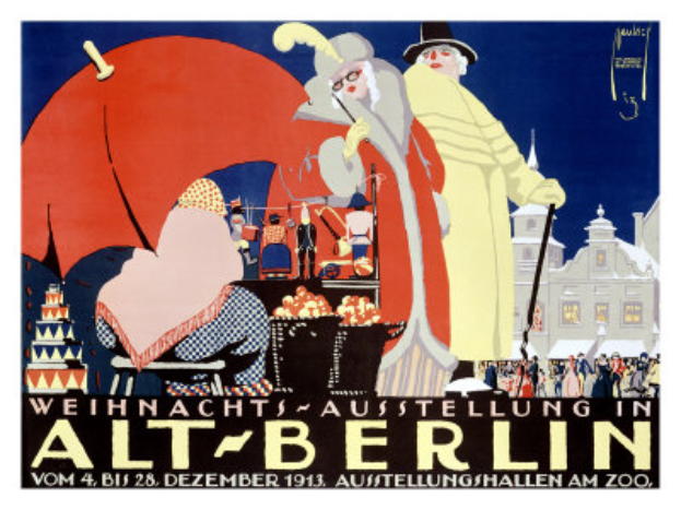 Plakatankündigung für eine Zirkusveranstaltung in Berlin, Deutschland, mit einer farbenfrohen Illustration von Menschen, Gebäuden und Gegenständen und der Aufschrift 'Weihnachtsausstellung in Alt-Berlin' oben.