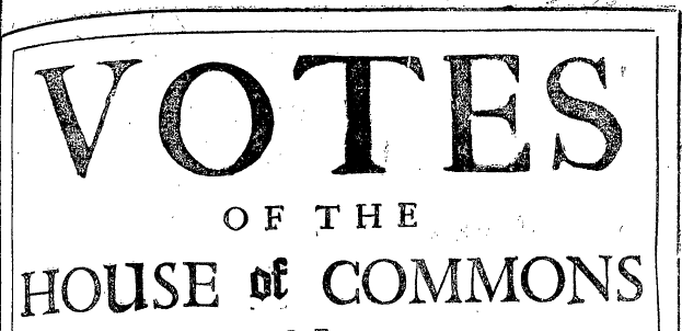 Ein schwarz-weißes Plakat mit der Aufschrift "Stimmen des House of Commons" in fetter Schrift.