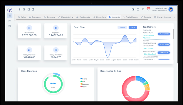 Laptop-Bildschirm mit einer Finanzmanagement-Dashboard-Ansicht mit Grafiken und Text auf einem weißen Hintergrund mit einem blauen Kopfbereich.