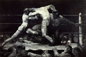 Zwei Boxer im Ring tauschen Schläge aus, während eine jubelnde Menge zuschaut.