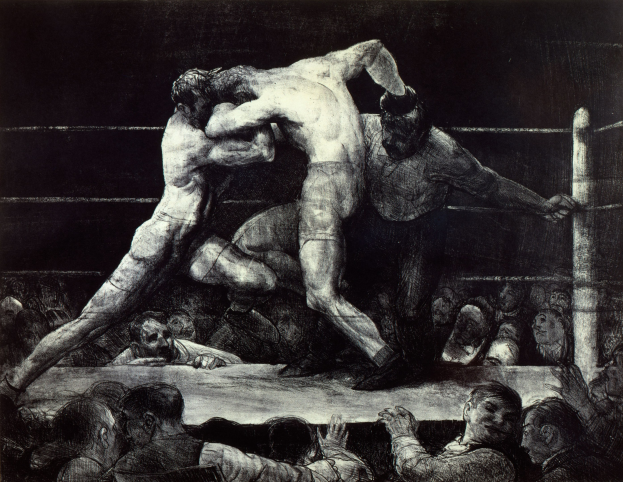 Zwei Boxer im Ring tauschen Schläge aus, während eine jubelnde Menge zuschaut.