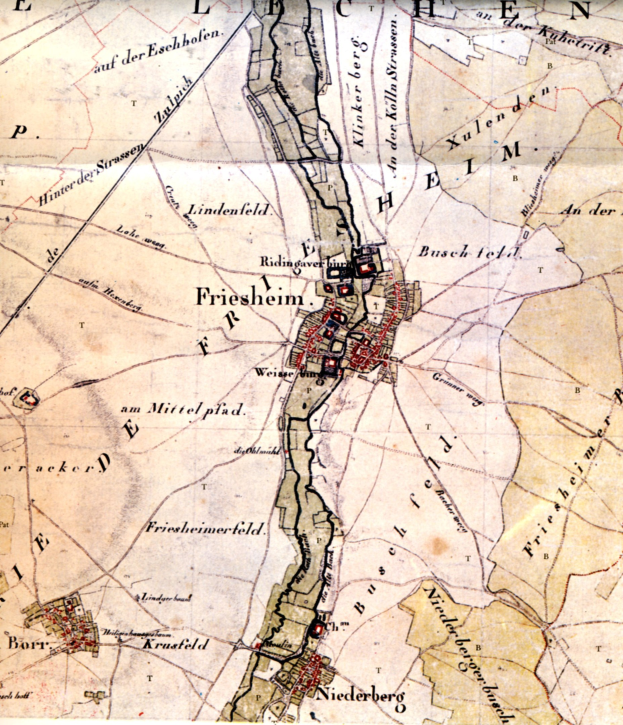Ein detaillierter alter Stadtplan von Freisheim, Deutschland, der Straßen, Gebäude, Sehenswürdigkeiten, Straßen, Flüsse und Berge mit Text in einer klassischen Schriftart zeigt.