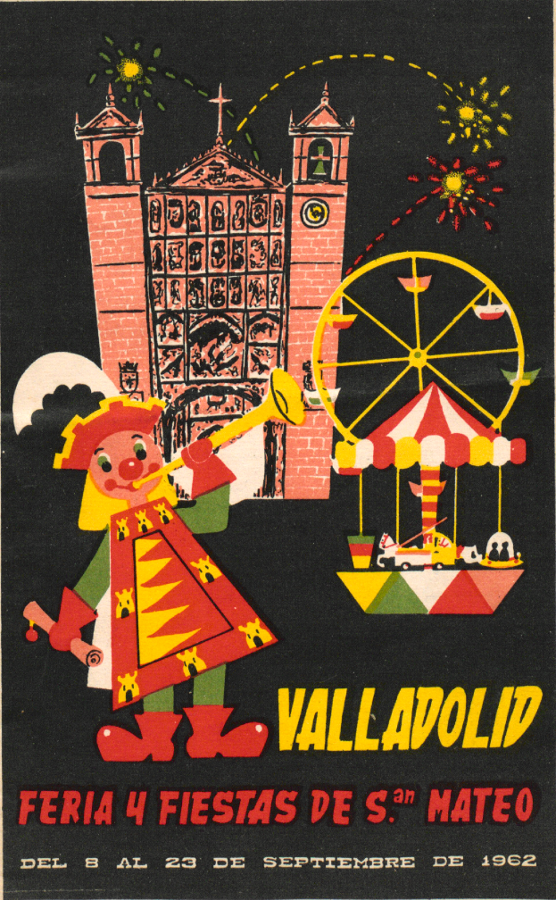 Ein buntes Karnevalplakat, das ein Ereignis in Valladolid, Spanien, ankündigt und ein Gebäude, ein Riesenrad, ein Spielzeug und festliche Texte zeigt.