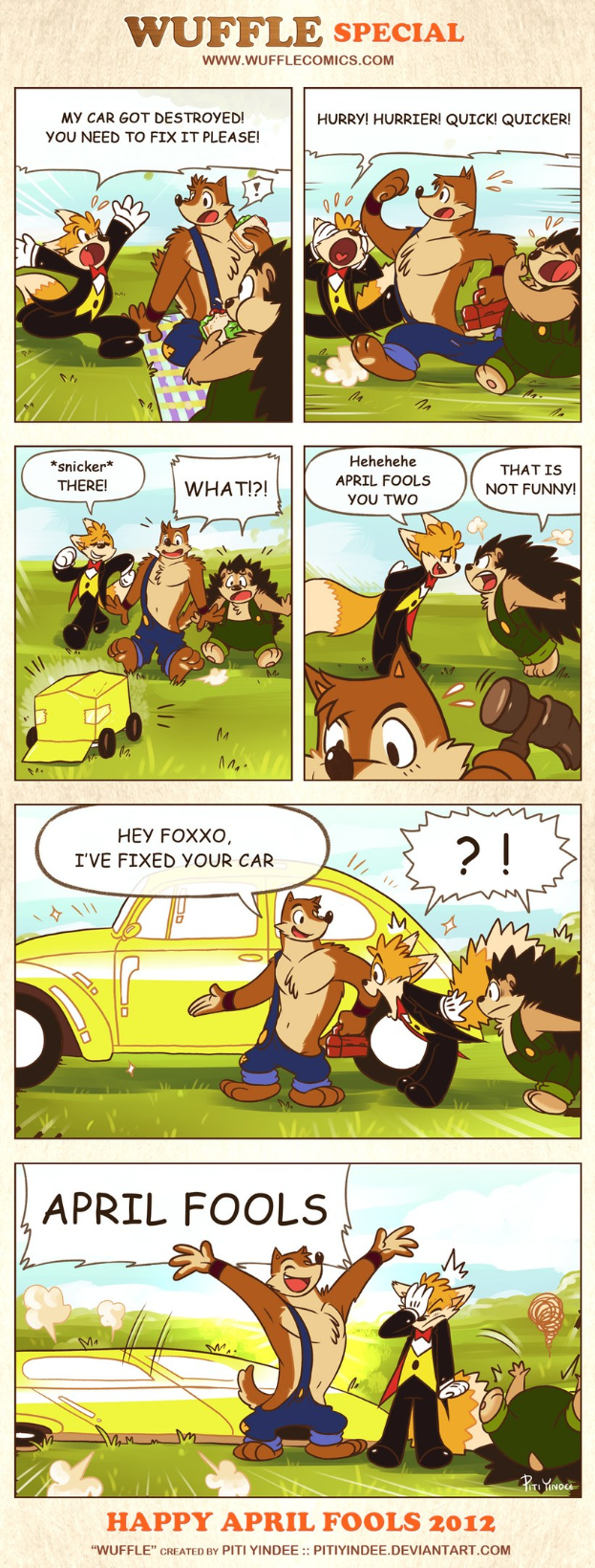 Comicstrip-Plakat mit der Überschrift "Aprilscherz", das einen Cartoon-Mann und -Frau in einer Diskussion vor einem hellblauen Himmel mit weißen Wolken zeigt, einer gestikuliert mit den Händen, Text in fetter schwarzer Schrift.