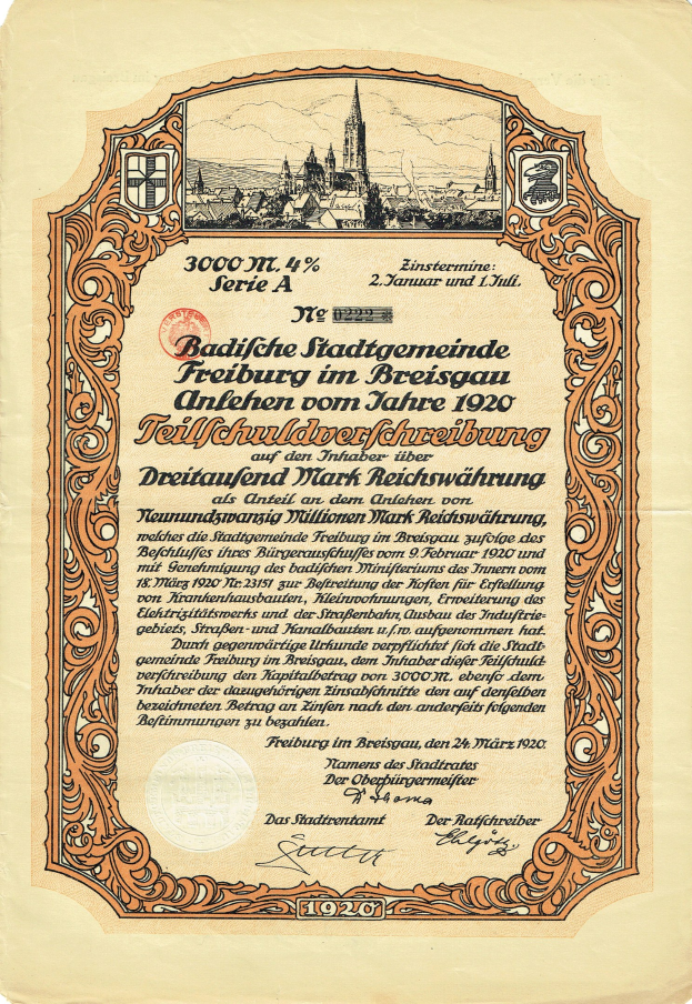 Altes deutsches Aktienzertifikat mit einer Stadtansicht und Textangaben.
