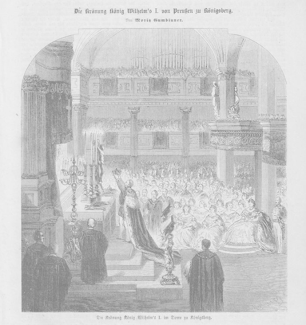 Schwarz-weiß-Zeichnung einer großen Menschenmenge in einer Kirche bei der Krönung von Wilhelm II. von Deutschland, mit einem Kerzenständer links und Text oben und unten.