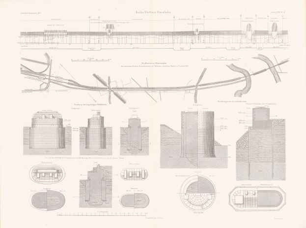 Ein detailliertes architektonisches Zeichnung des Berliner Stettliner Eisenhahn-Gebäudes, das Diagramme, Text und zahlreiche kleinere Zeichnungen enthält, die seinen Aufbau zeigen.
