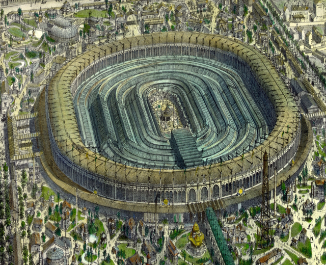 Luftaufnahme eines großen Stadions umgeben von Gebäuden, Bäumen und Gras in einer städtischen Umgebung.