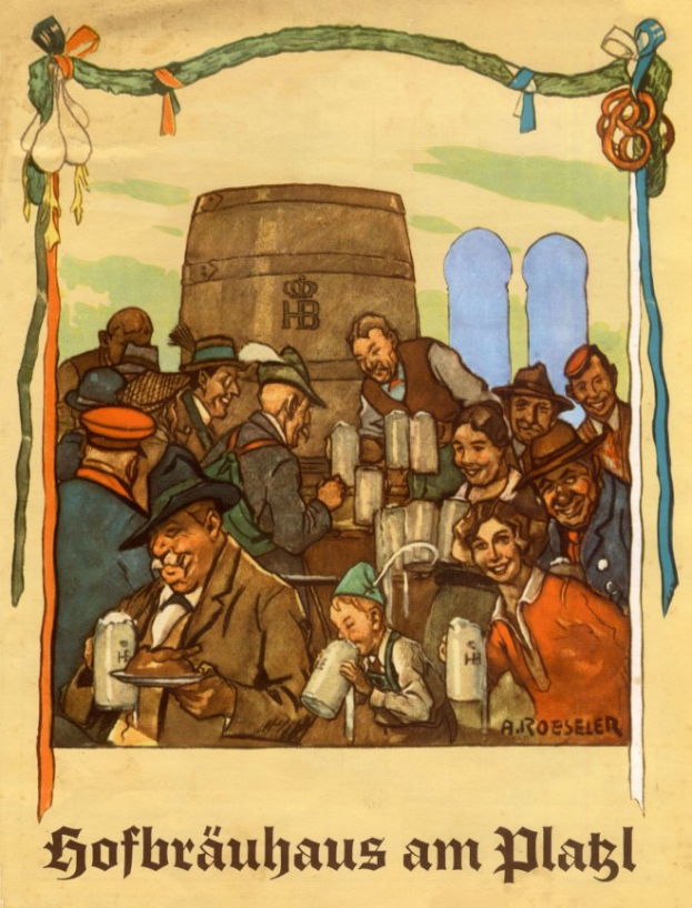 Eine Gruppe von Menschen mit Biergläsern vor einem Fass im Hintergrund, die ein Bierfest in Deutschland ankündigen, mit deutschem Text unten.