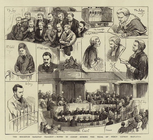 Schwarz-weißes Gerichtsraum-Zeichnung mit einer stehenden Figur, die ein Buch hält, einer sitzenden Zuschauerschaft und einem durch das Fenster sichtbaren Zug, betitelt "The Brighton Railway Tragedy - Notes in Court During the Trial of Percy Leffroy Mapleton."