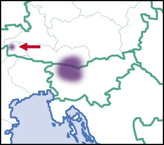 Eine animierte Karte von Deutschland mit einem roten Pfeil, der auf einen lila Punkt zeigt, der den Studienbereich angibt.