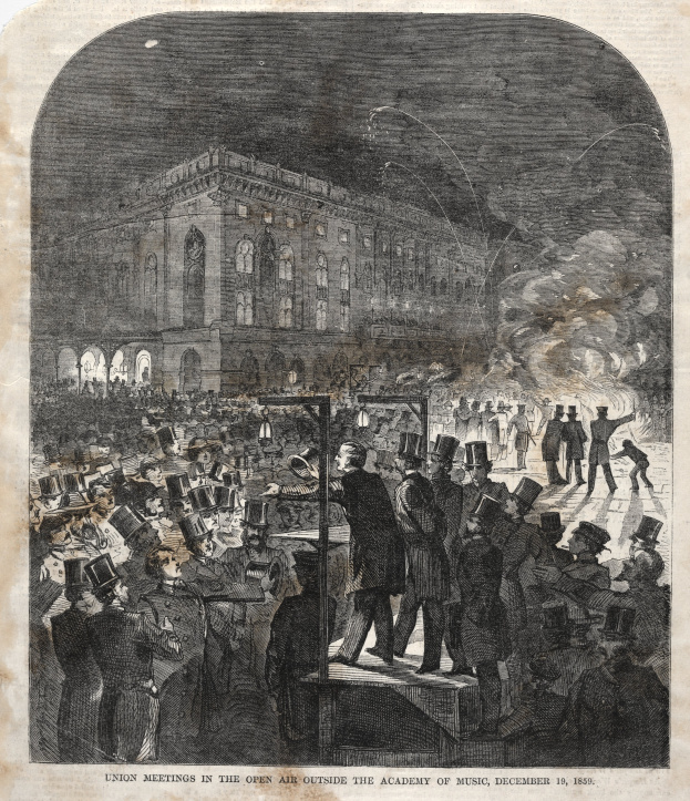 Eine Schwarz-Weiß-Zeichnung einer Menge vor einem Gebäude, einige halten Gegenstände, mit Text unten: "Unionstreffen im Freien vor der Musikakademie, 19. Dezember 1859".