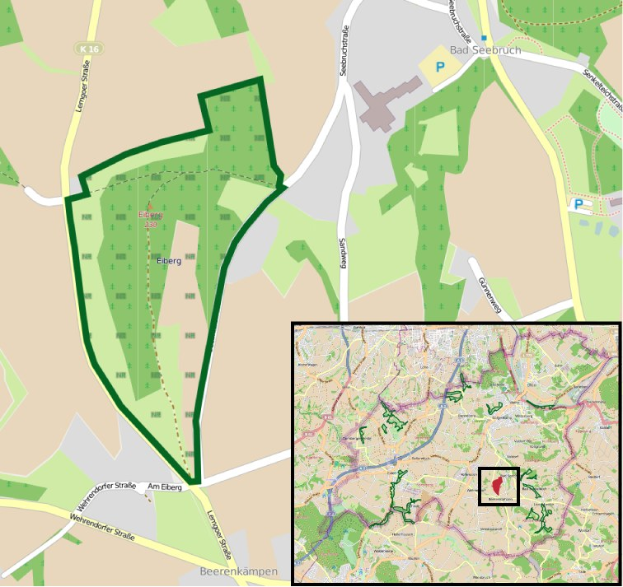 Karte einer Stadt mit einem zentralen grünen Bereich, der für die geplante Entwicklung markiert ist, zeigt Stra├čen, Geb├Ąude und Landmarken.