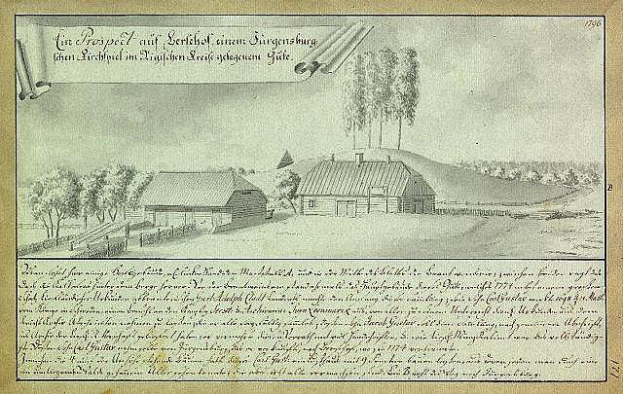 Ein historisches Dokument, das einen Hof in Surgensburg, Deutschland, zeigt, umgeben von Häusern, Bäumen und einem Himmel, mit der Aufschrift "Surgensburg, Deutschland - Landschaft eines Hofes".