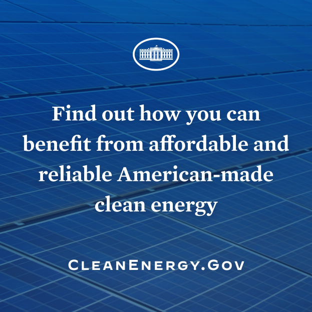 Poster with a blue circle logo featuring a white outline and star, white centered text reading "Find out how you can benefit from affordable and reliable American-made clean energy", on a light blue background.