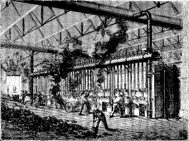 Eine Schwarz-Weiß-Zeichnung eines geschäftigen Stahlwerks aus den 1910er Jahren mit zahlreichen Arbeitern, Pfählen und industrieller Ausrüstung.