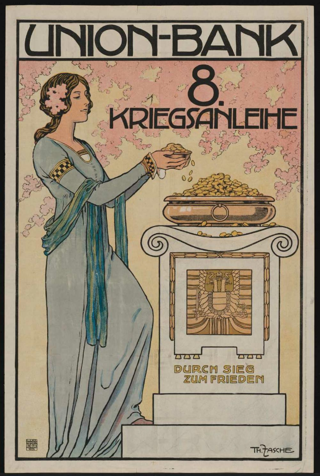 Eine Frau in einem weißen Kleid hält eine Schüssel mit Essen in der Hand und steht vor einem schwarzen Hintergrund mit einem Plakat, auf dem 'Union-Bank 8 Kriegsanleihe' in deutscher Sprache steht.