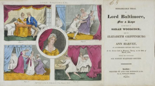 Ein historisches Prozessdokument zeigt ein Blatt Papier mit Porträts, Vorhängen und Text, der sich auf einen Vergewaltigungsprozess bezieht, an dem Sarah Woodcock und Elizabeth Griffinburg beteiligt waren.