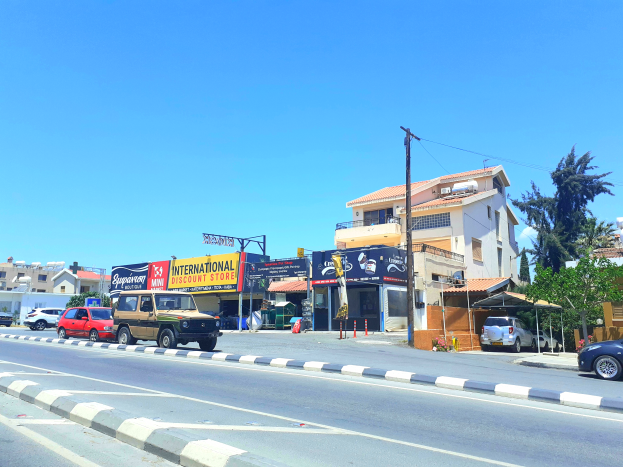 Eine Straßenszene mit parkenden Autos, einer Begrenzung, Verkehrskegeln, Pfosten und Gebäuden mit Fenstern, mit zwei Schildern, auf denen "Istanbul International Discount Store" steht, sowie Bäumen und einem bewölkten Himmel im Hintergrund.