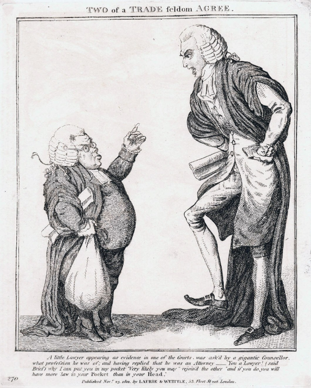 Schwarze und weiße Linienzeichnung von zwei Personen, die sich gegenüberstehen, wobei eine eine Tasche hält, mit handgeschriebenem Text "Zwei eines Handwerks Feldom stimmen überein" zwischen ihnen.