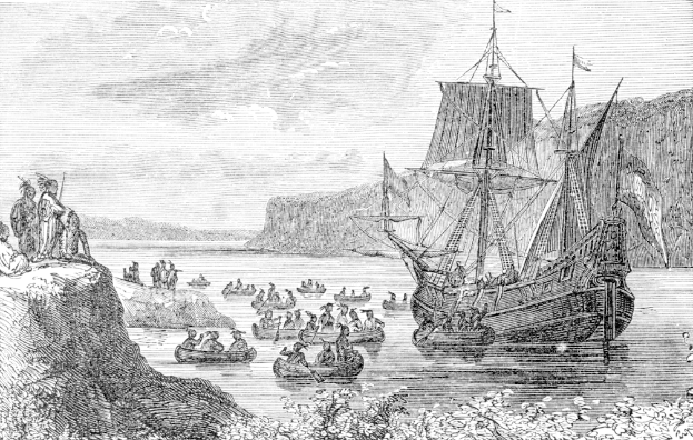 Eine Schwarzweiß-Gravur eines Bootes mit Menschen darauf, umgeben von Pflanzen und Hügeln, mit der Inschrift "Die Reise der Reisen der britischen Inseln" unten.