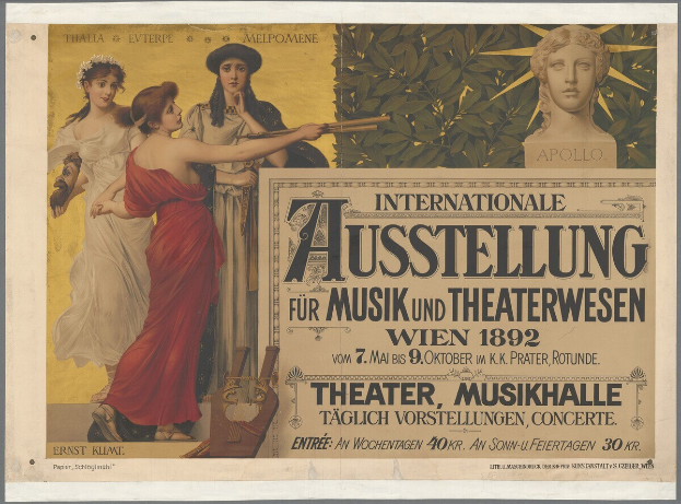 Ein Plakat für die Internationale Ausstellung für Musik und Theaterwesen in Wien, Österreich, das eine Gruppe von Menschen zeigt, die in einem Kreis stehen und eine Frau in der Mitte ein Musikinstrument hält, sowie Text, der Informationen zum Event enthält.
