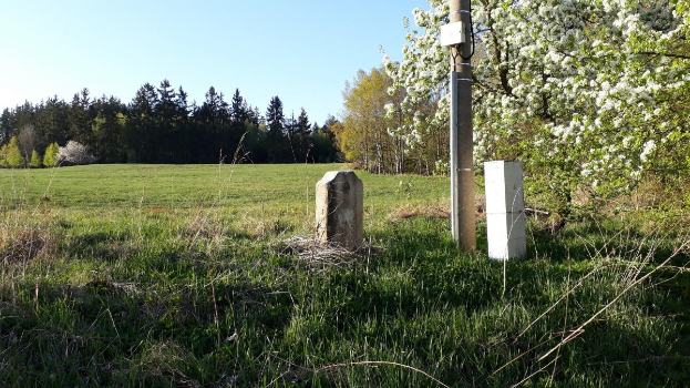 Ein grasbewachsener Platz mit einem zentralen Baum, umgeben von Bäumen und einem klaren blauen Himmel, mit einem Pfahl und zwei Betonblöcken im Vordergrund, wahrscheinlich Teil eines Denkmals für die Opfer des Unfalls.