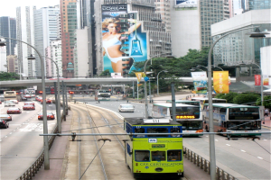 Eine belebte Stadtstraße mit verschiedenen Fahrzeugen, darunter Doppeldeckerbusse, Autos und andere Fahrzeuge, umgeben von hohen Gebäuden, Pfosten, Lampen, Plakaten, Bannern, Bäumen und einer Brücke unter einem klaren blauen Himmel, mit Text unten.