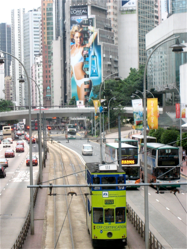 Eine belebte Stadtstraße mit verschiedenen Fahrzeugen, darunter Doppeldeckerbusse, Autos und andere Fahrzeuge, umgeben von hohen Gebäuden, Pfosten, Lampen, Plakaten, Bannern, Bäumen und einer Brücke unter einem klaren blauen Himmel, mit Text unten.