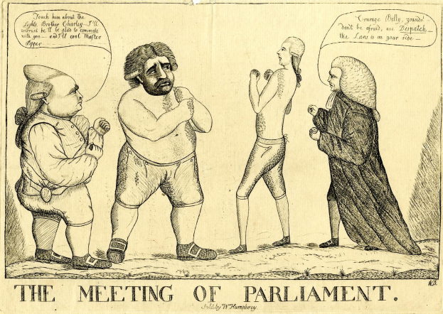 Eine Zeichnung von drei Menschen, die diskutieren, unter dem Titel "Die Parlamentssitzung."