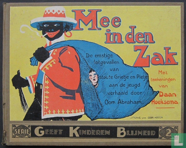 Plakat auf schwarzem Hintergrund mit dem Text "mee in den zak" und einem Foto einer Person in einem weißen Hemd und einer blauen Mütze mit einem verschmitzten Gesichtsausdruck.