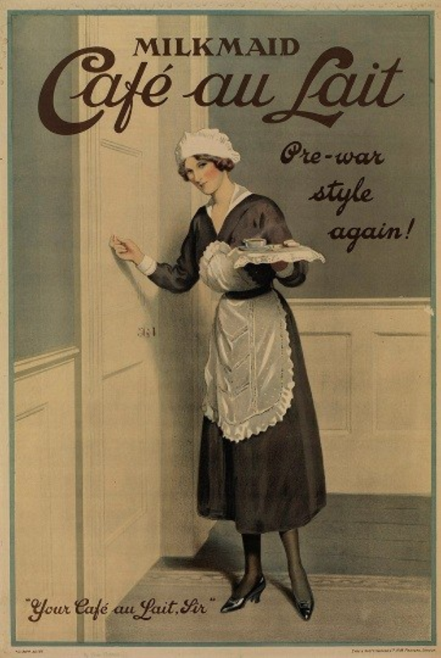 Eine Vintage-Reklame für ein Milchmädchen-Café au Lait, das eine Frau zeigt, die ein Tablett mit einer Tasse und Untertasse hält, sowie Text, der die Angebote des Cafés beschreibt.