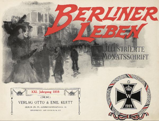 Ein altes Buchcover mit einer Gruppe von Menschen in festlicher Stimmung, mit dem Text "Berliner Leben" und einem Logo, das mit der deutschen Militär verbunden ist.